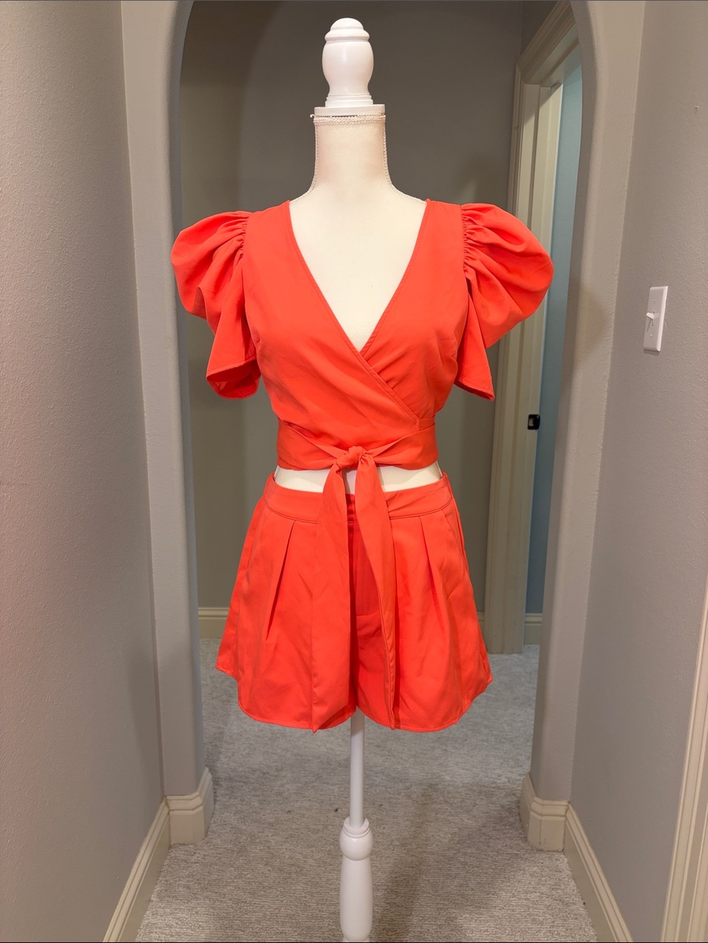 Bright Coral Tie-Waist Puff-Sleeve Shorts Set
